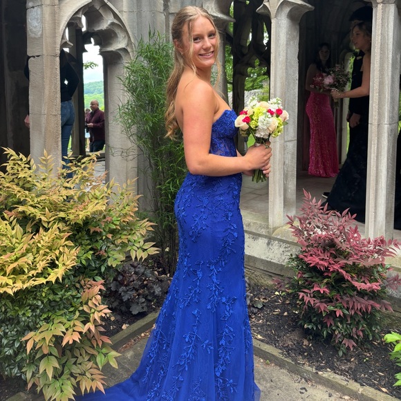 Sherri Hill Blue Strapless Prom Gown - Picture 6 of 12